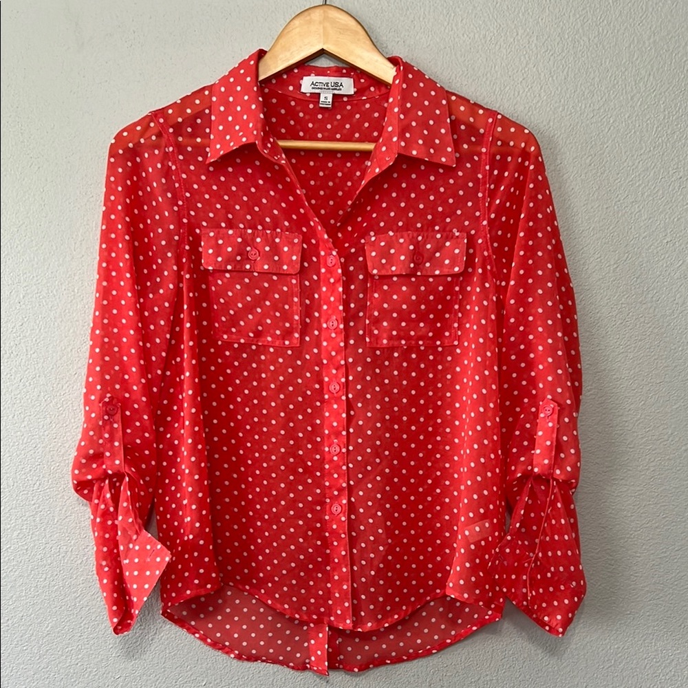 Active USA Women’s Orange polka dot‎ Notched Collar Button Down Shirt Small